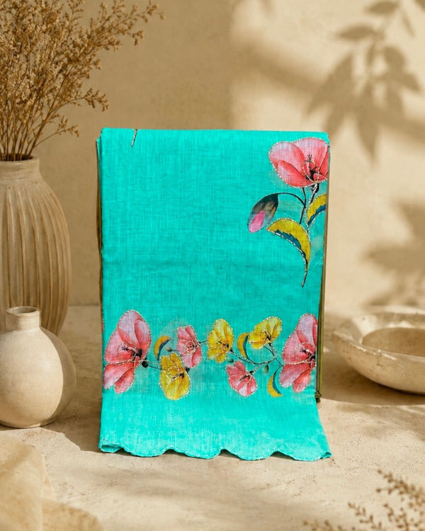 Turquoise Colour Linen Cotton Digital Printed Saree