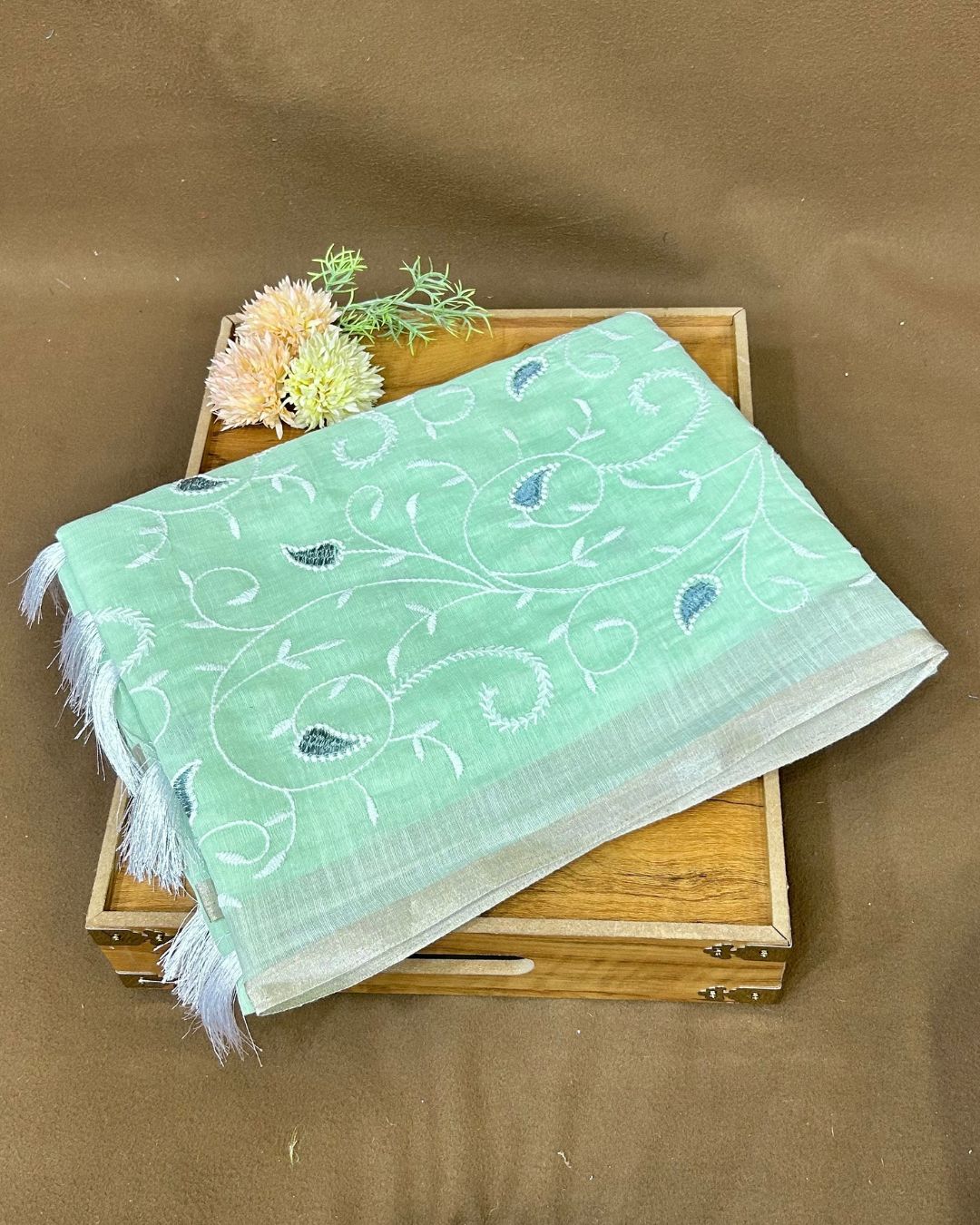 Light Green Colour Cotton Thread Work Saree