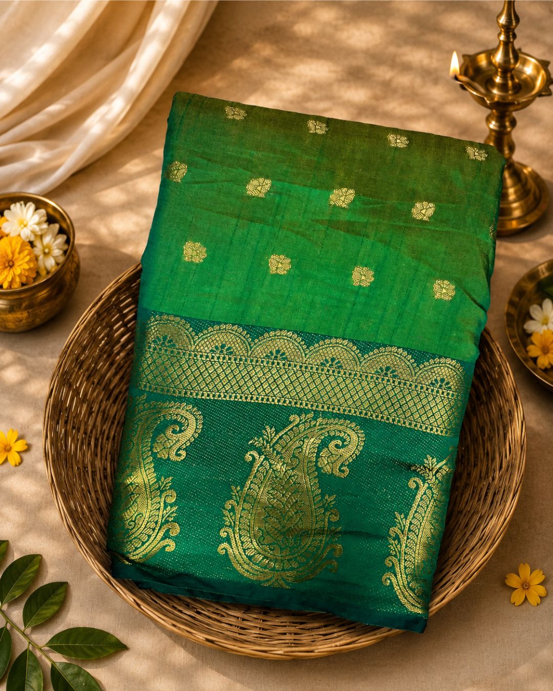 Peacock Green Colour Semi Silk Dual Shine Zari Saree