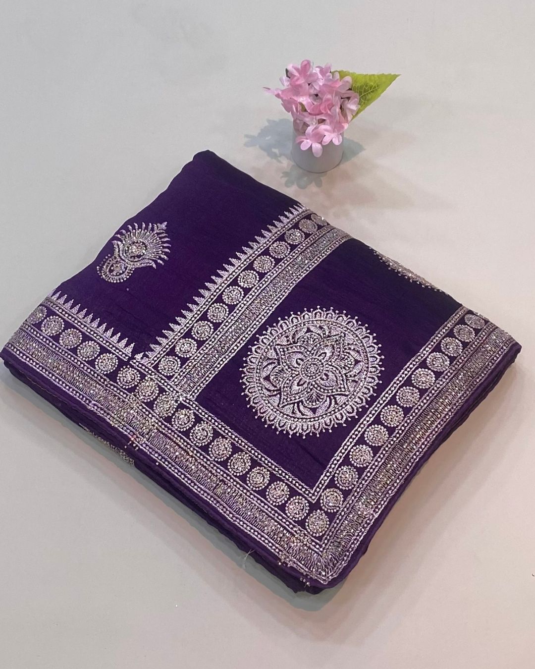 Dark Violet Colour Vichitra Silk Wok Saree