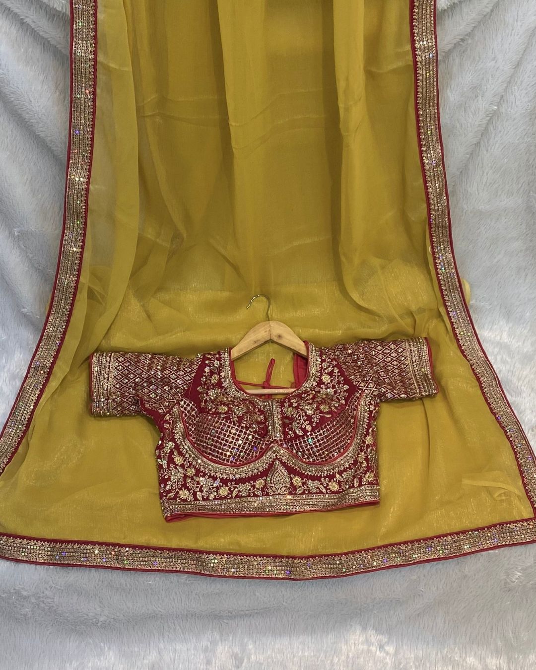 Dusty Yellow Colour Shimmer Georgette Saree with Readymade Blouse