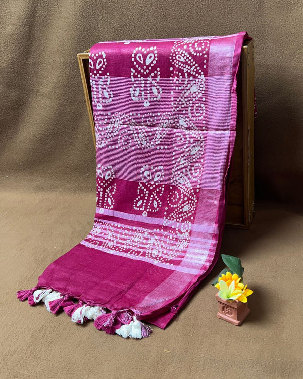 Magenta Colour Cotton Bandhani Printed Saree