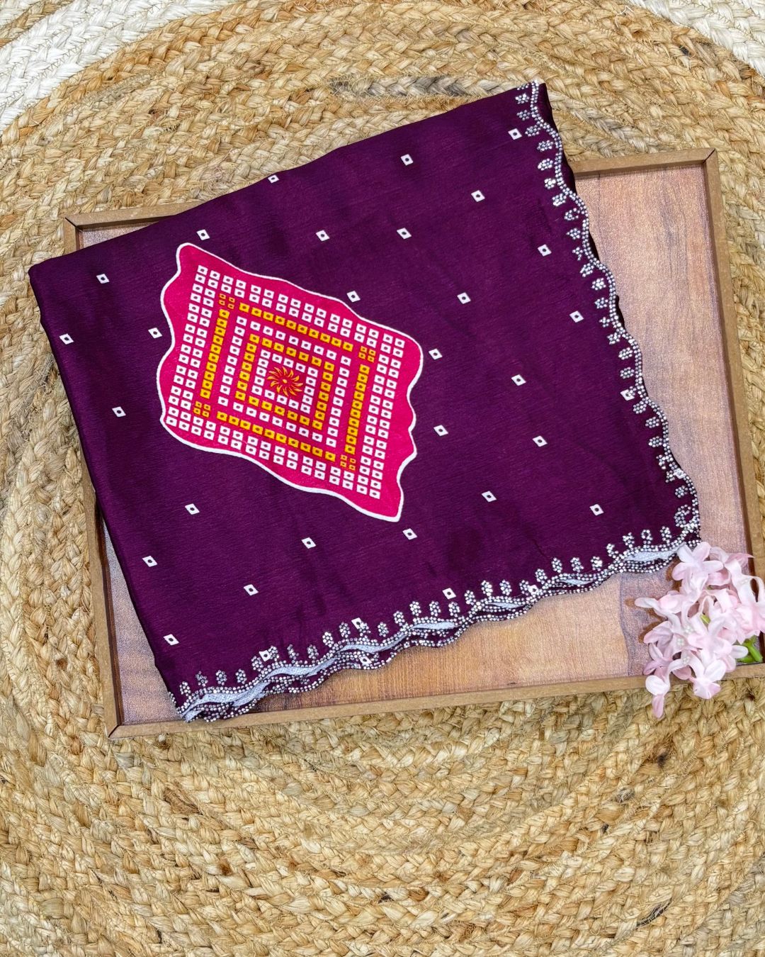 Wine Colour Chinon Silk Cut Work Border Saree