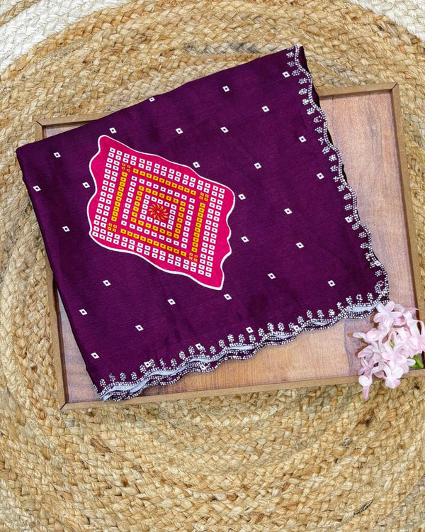 Wine Colour Chinon Silk Cut Work Border Saree
