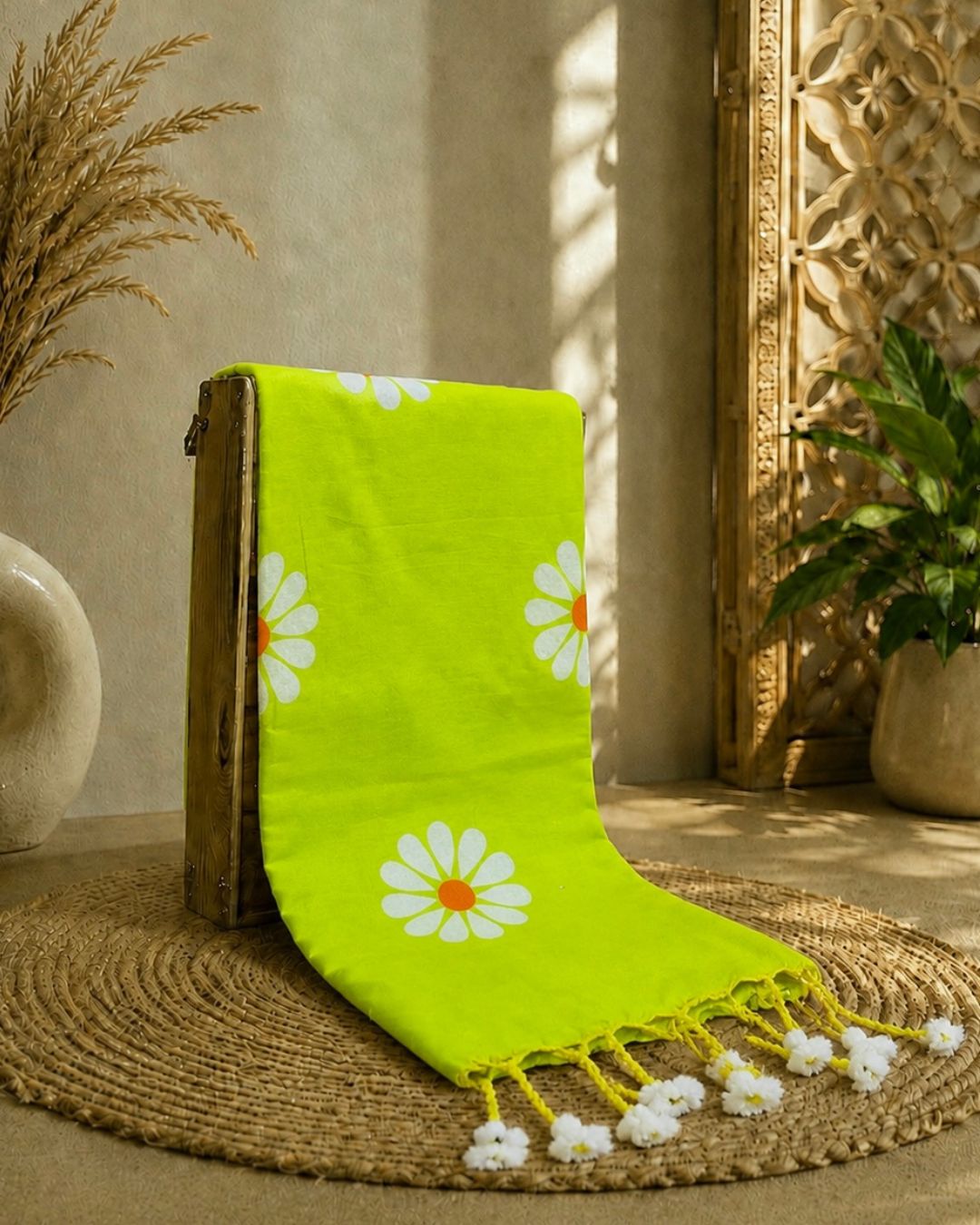 Neon Green Colour Cotton Floral Printed Saree