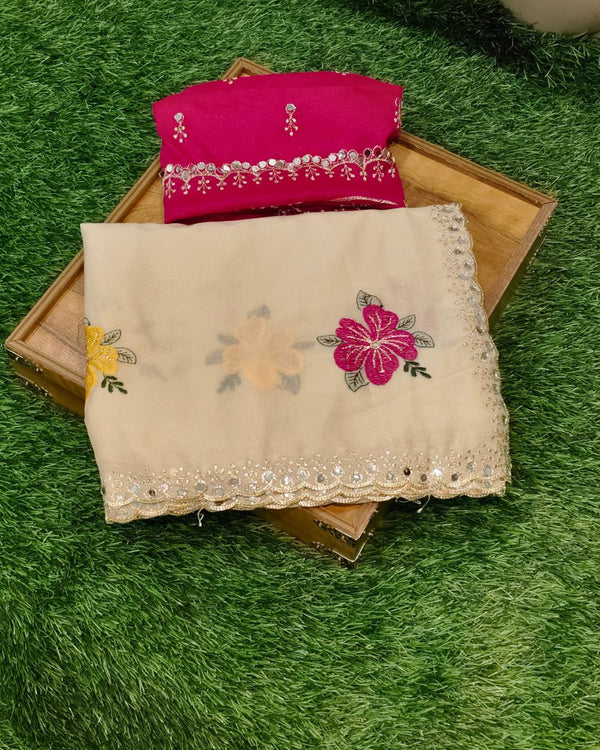 Ivory Colour Georgette Mirror Cut Work Saree