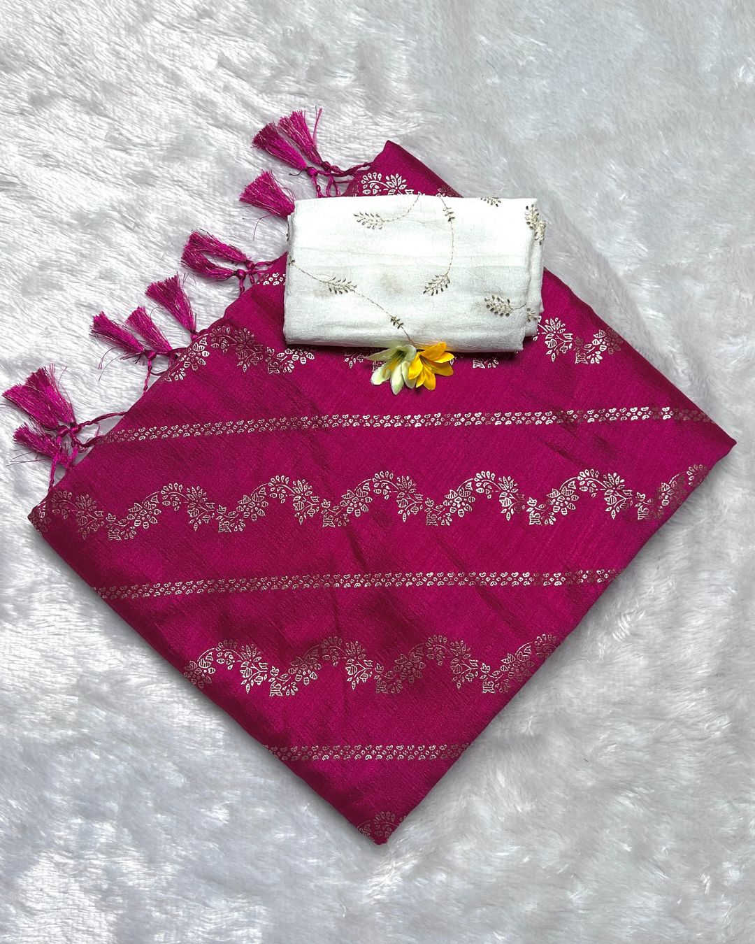 Pink Colour Vichitra Silk Foil Print with Contrast Blouse Piece
