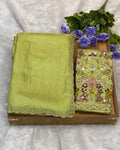 Parrot Green Colour Fandy Saree With Heavy work Blouse Piece