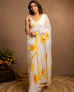 White Colour Linen Cotton Floral Saree