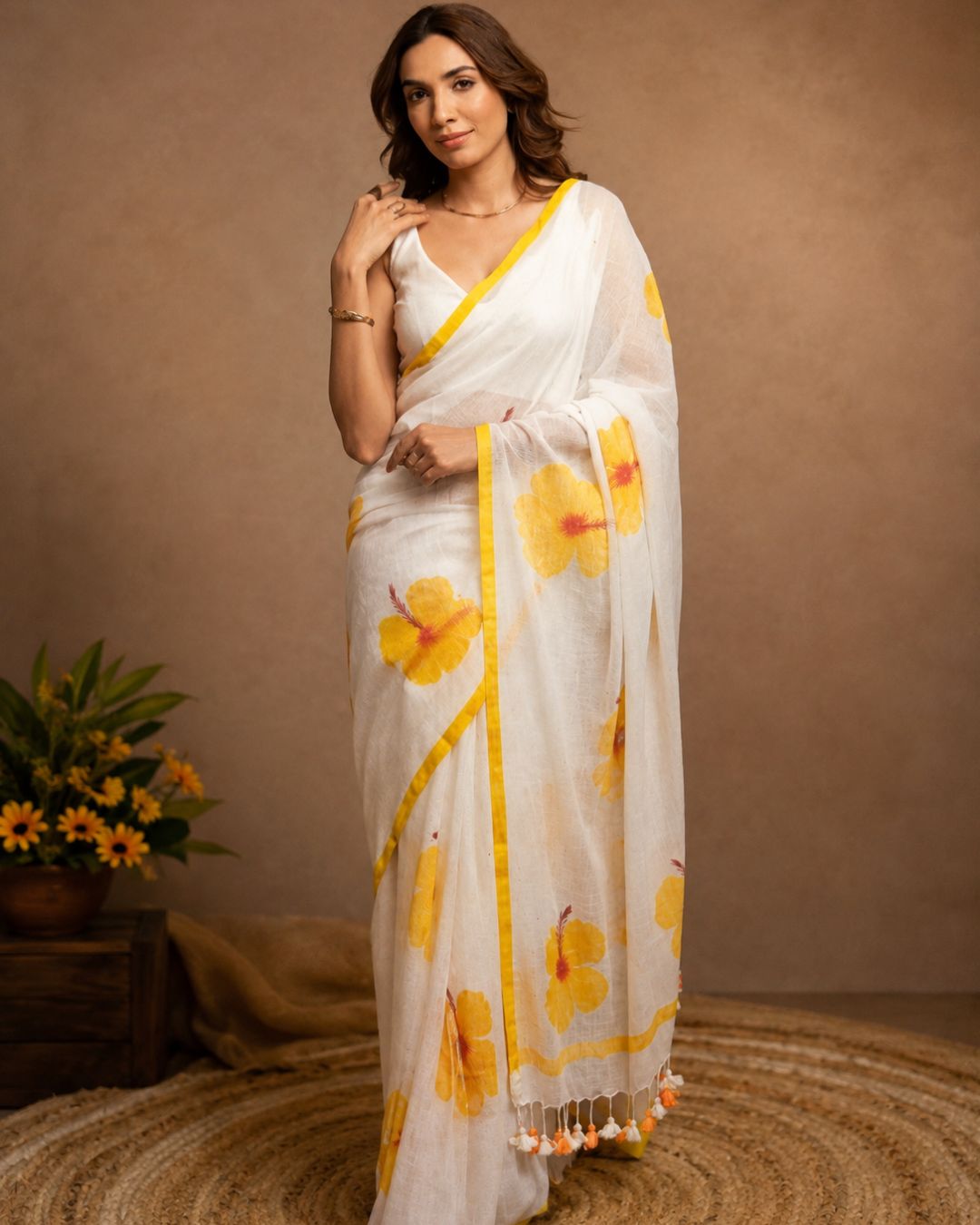 White Colour Linen Cotton Floral Saree