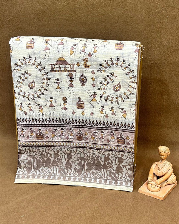 Off White Colour Cotton Warli Design Saree