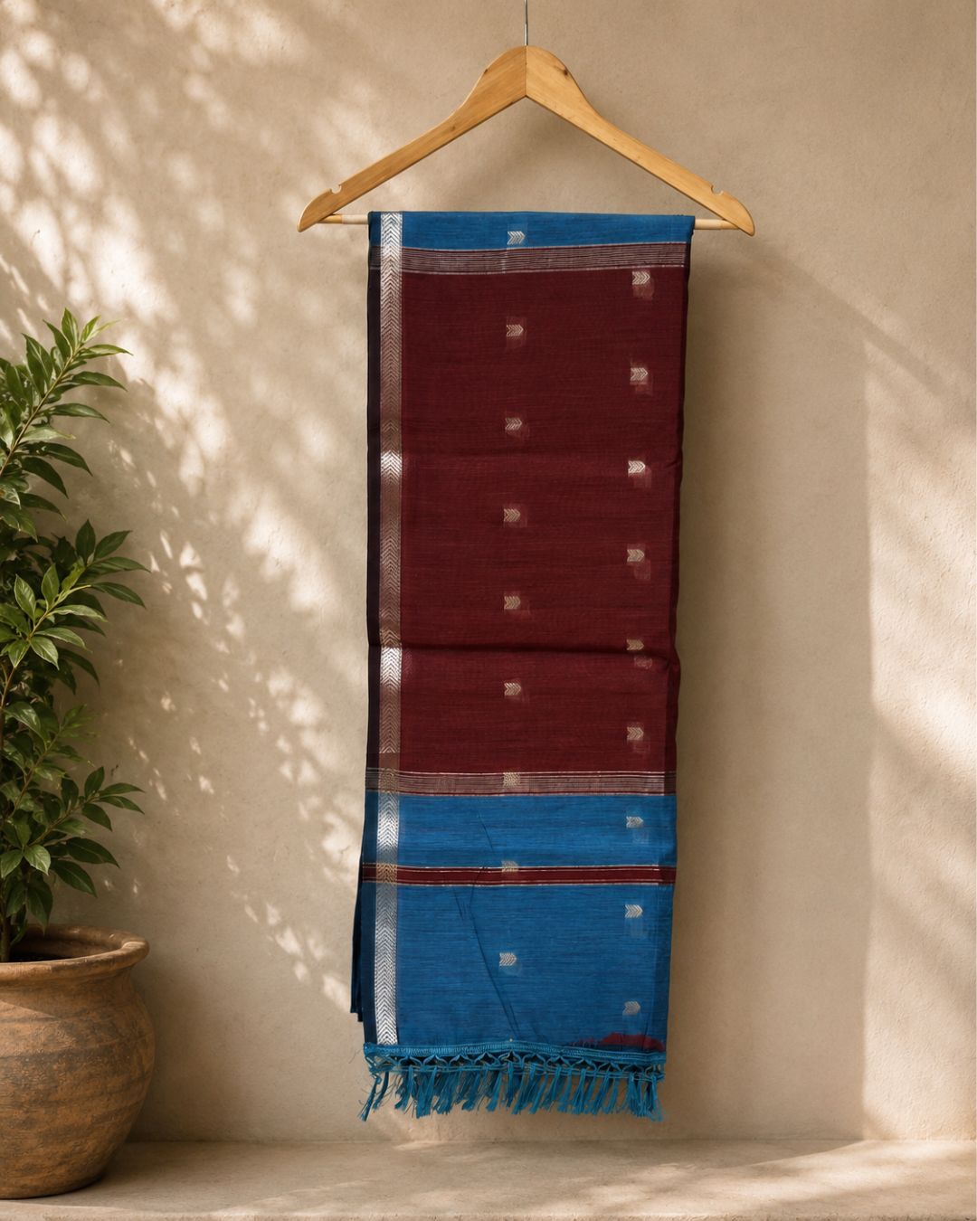 Teal Blue Colour Maheshwari Cotton Saree with Contrast Blouse
