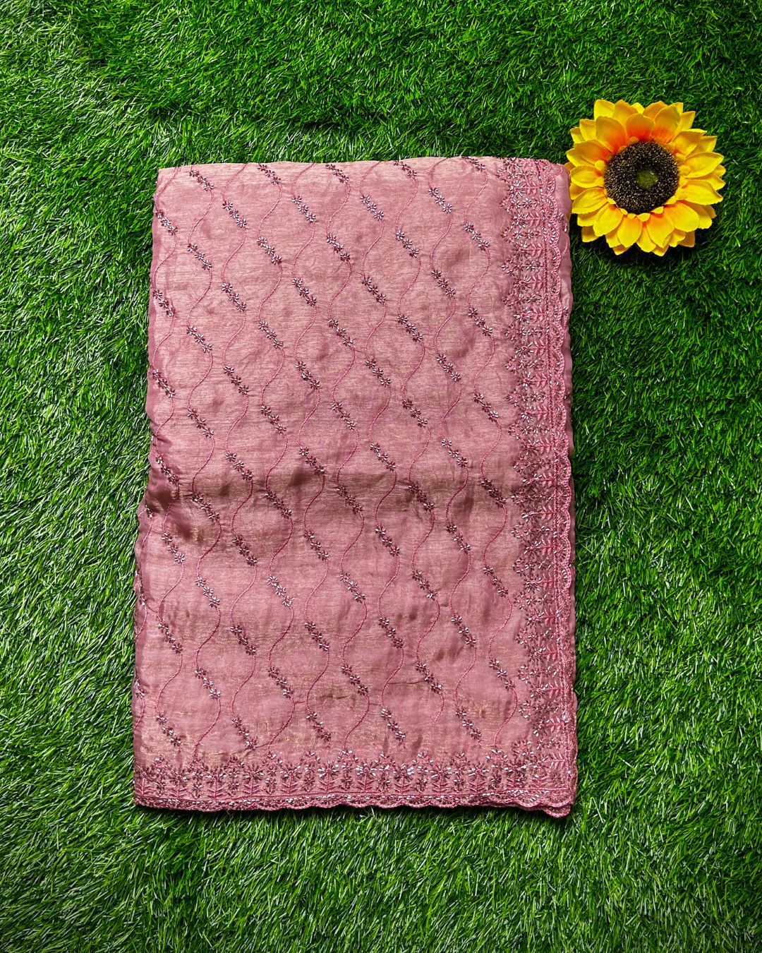 Dusty Rose Colour Fandy Satin Silk Saree with Bead Work