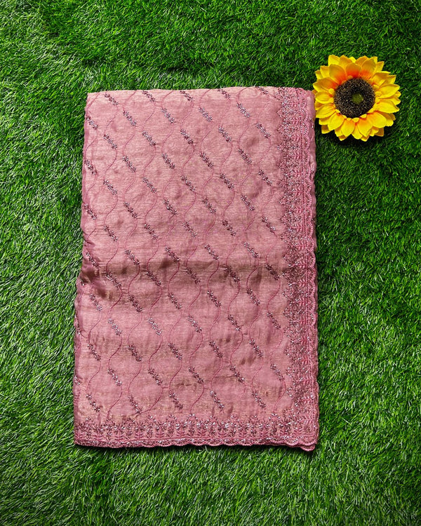 Dusty Rose Colour Fandy Satin Silk Saree with Bead Work