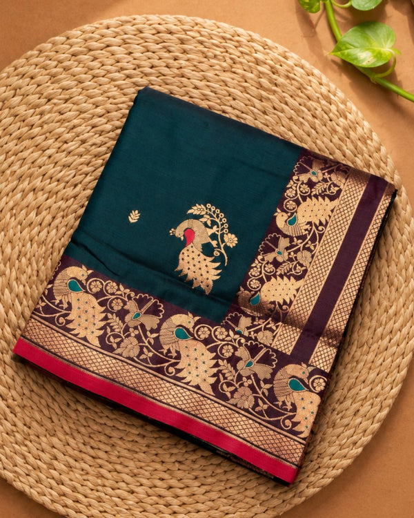Peacock Green Colour Satin Silk Paithani with Meenakari Peacock Butti