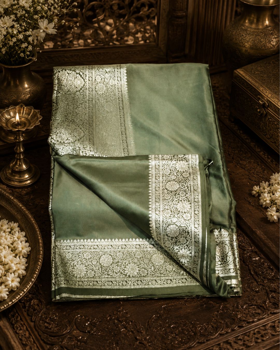 Dusty Green Colour Soft Satin Silk Saree