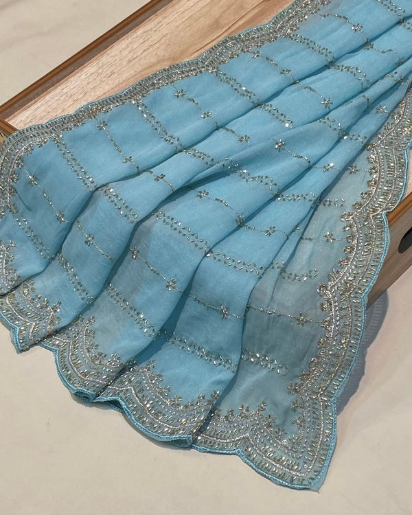 Sky Blue Colour Shimmer Georgette Saree with Bead Work