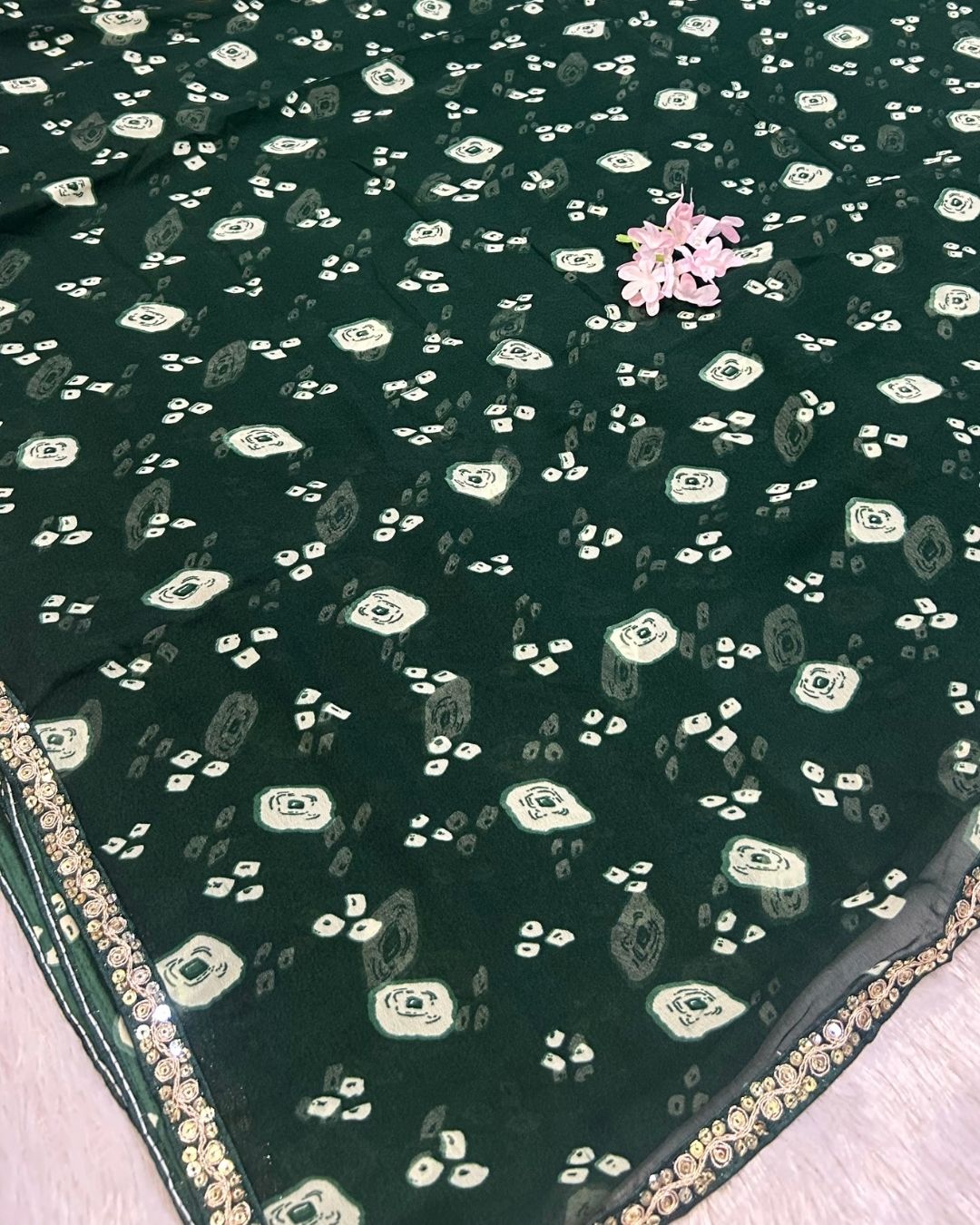 Green Colour Chiffon Batik Print lace Border Saree