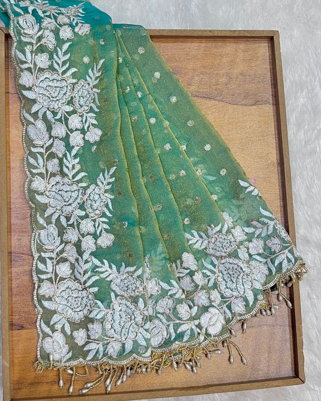 Sea Green Colour Shimmer Fandy Saree