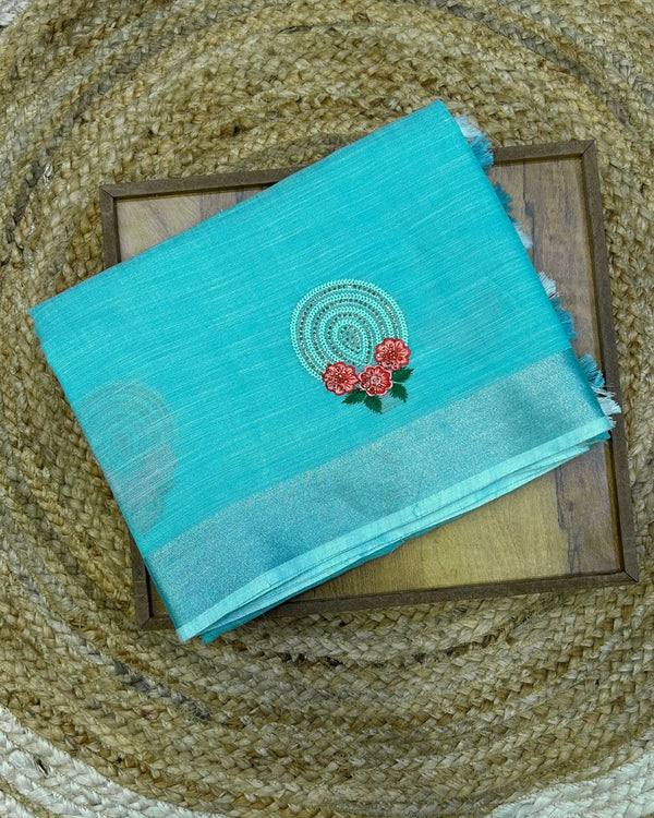 Aqua Sky Blue Colour Linen Cotton Saree