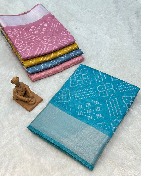 Sky Blue Colour Cotton-Blend Bandhani Printed Saree