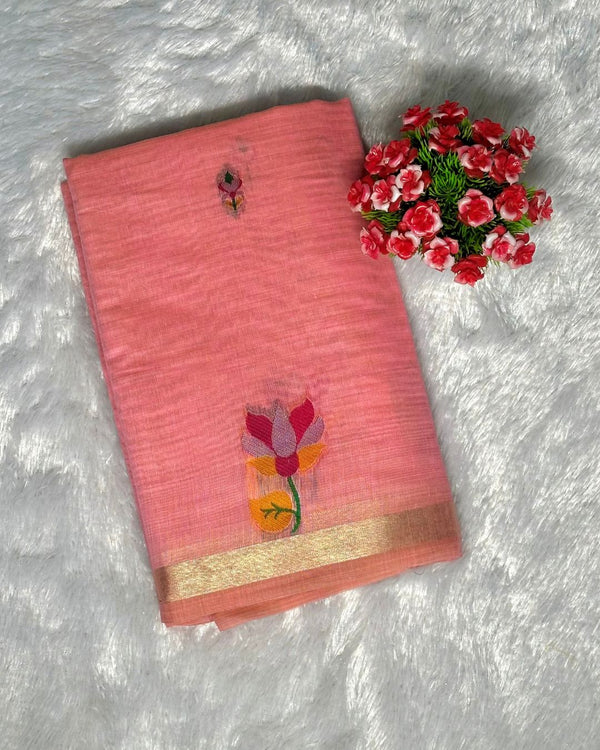 Peach Pink Colour Jamdani Cotton Saree