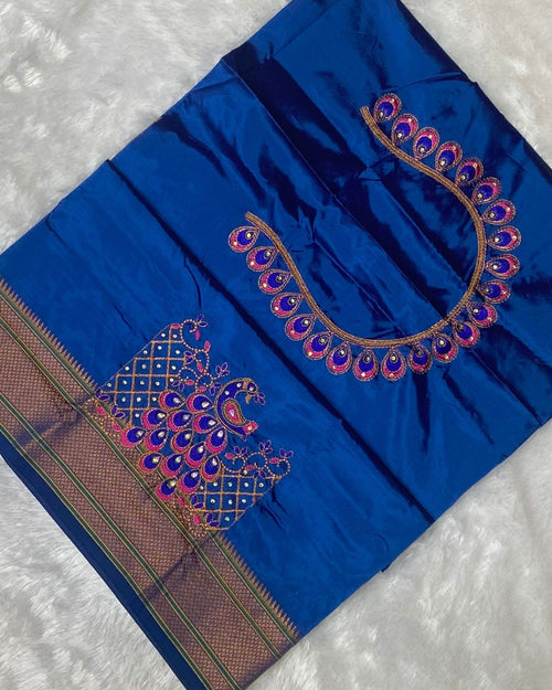 Blue Colour Kalanjali Paithani with Aari Work Blouse