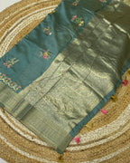 Dusty Teal Blue Colour Cotton Silk Warli Design Saree