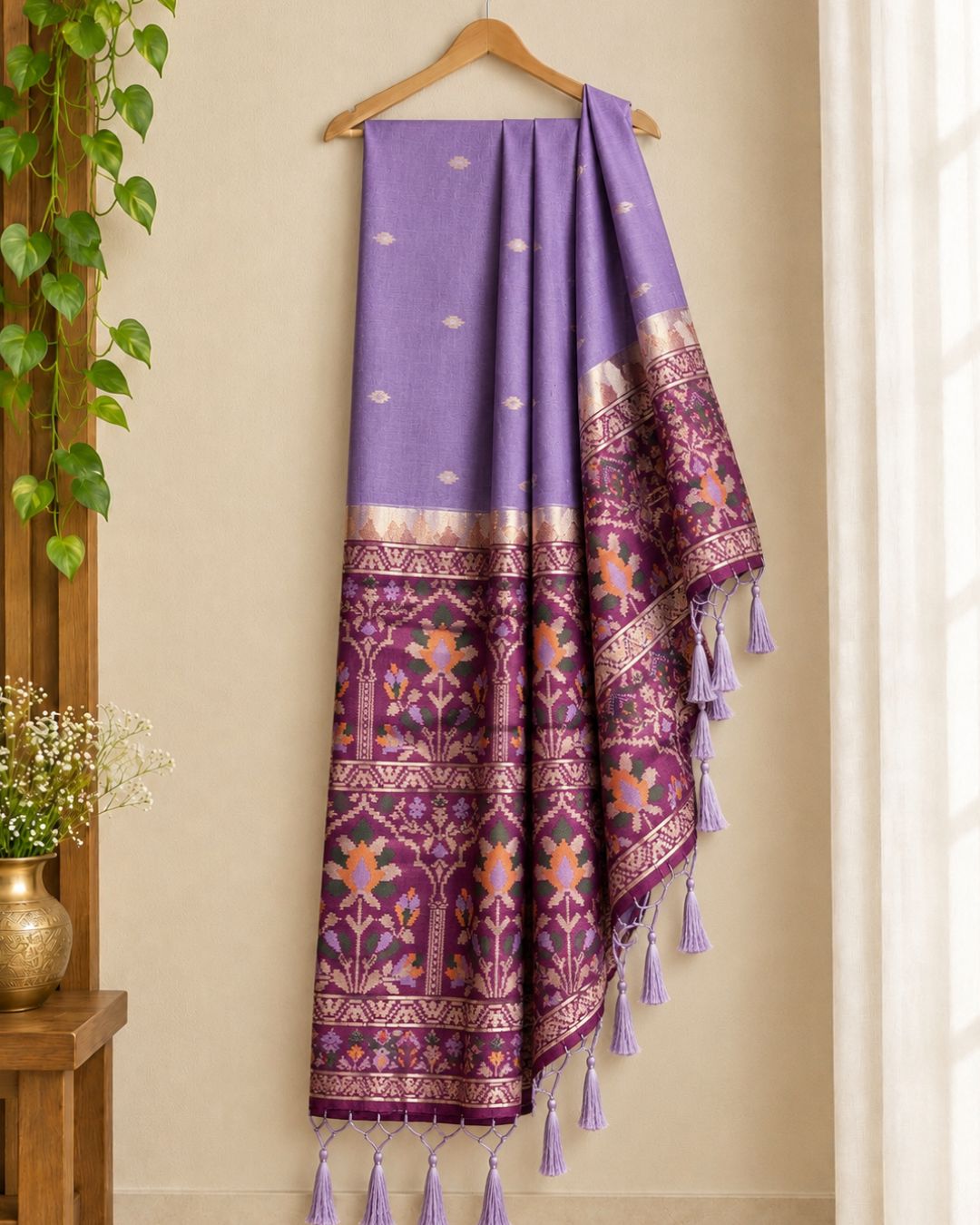 Lavender Colour Cotton Jamdani Saree with Patola Print rich Pallu