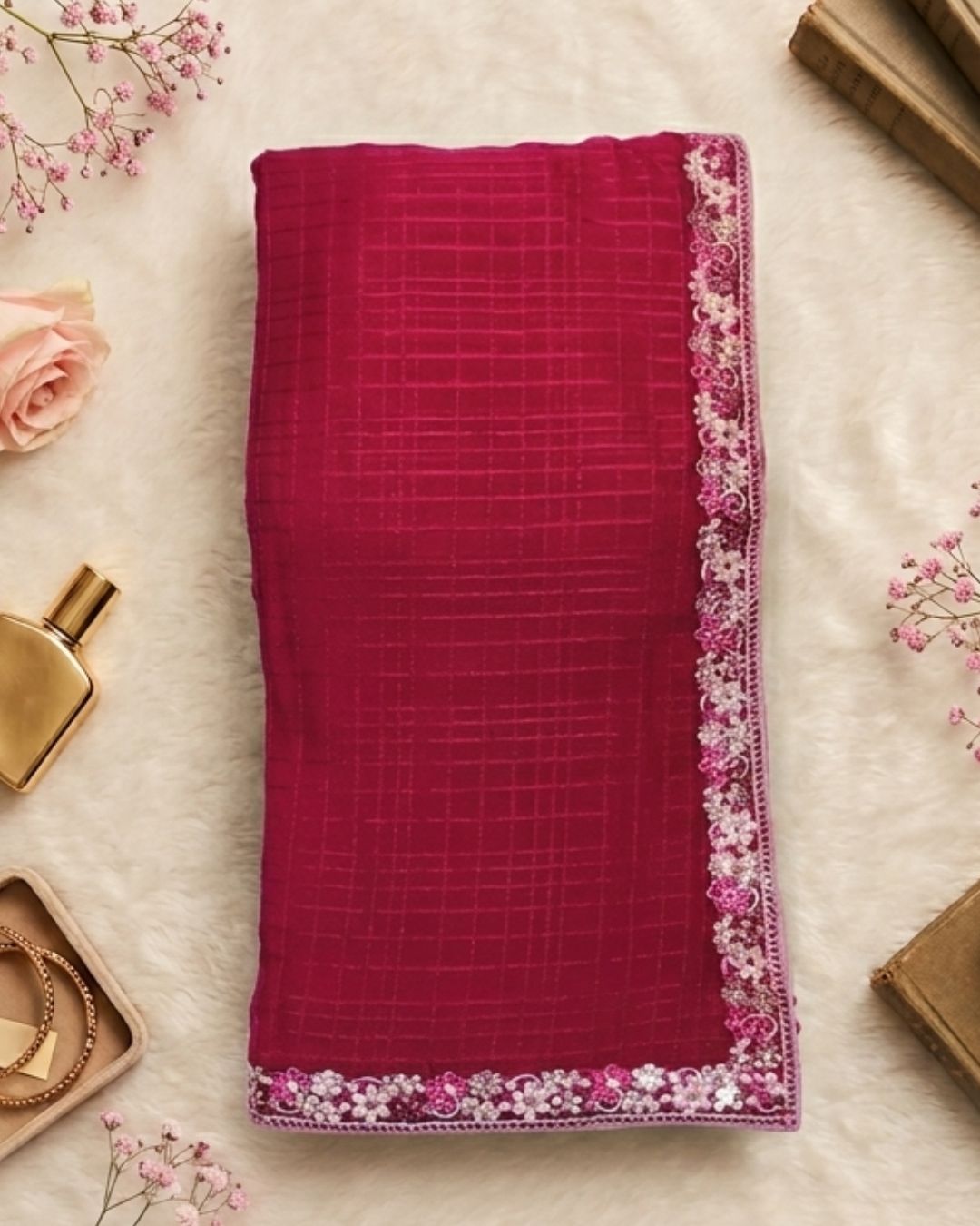 Pink Colour Chiffon Saree With Contrast Blouse