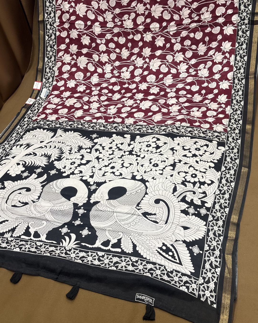 Maroon Colour Mal Cotton Kalamkari Printed Saree with Contrast Blouse