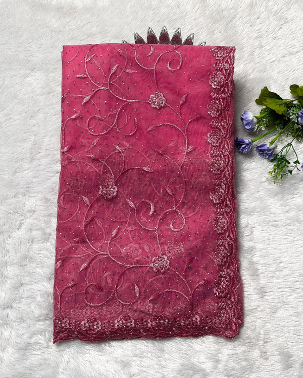 Peach Pink Colour Soft Net Cutwork border Saree