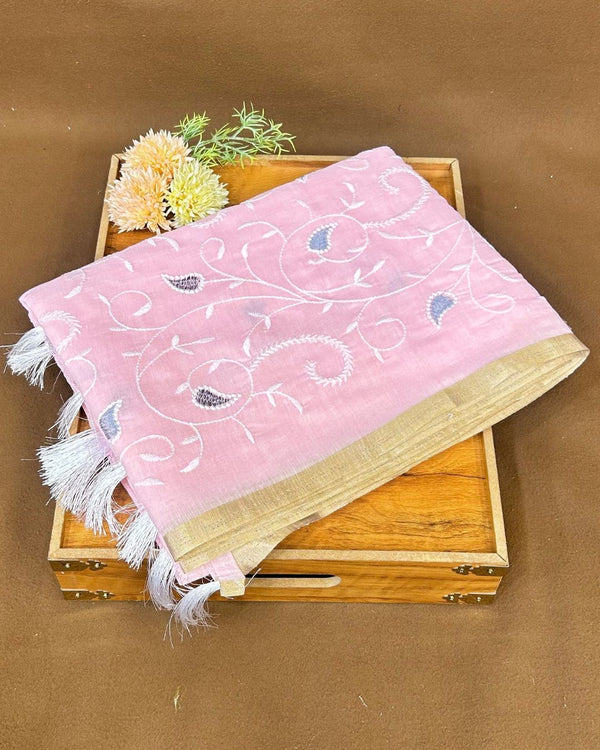 Baby Pink  Colour Cotton Thread Work Saree