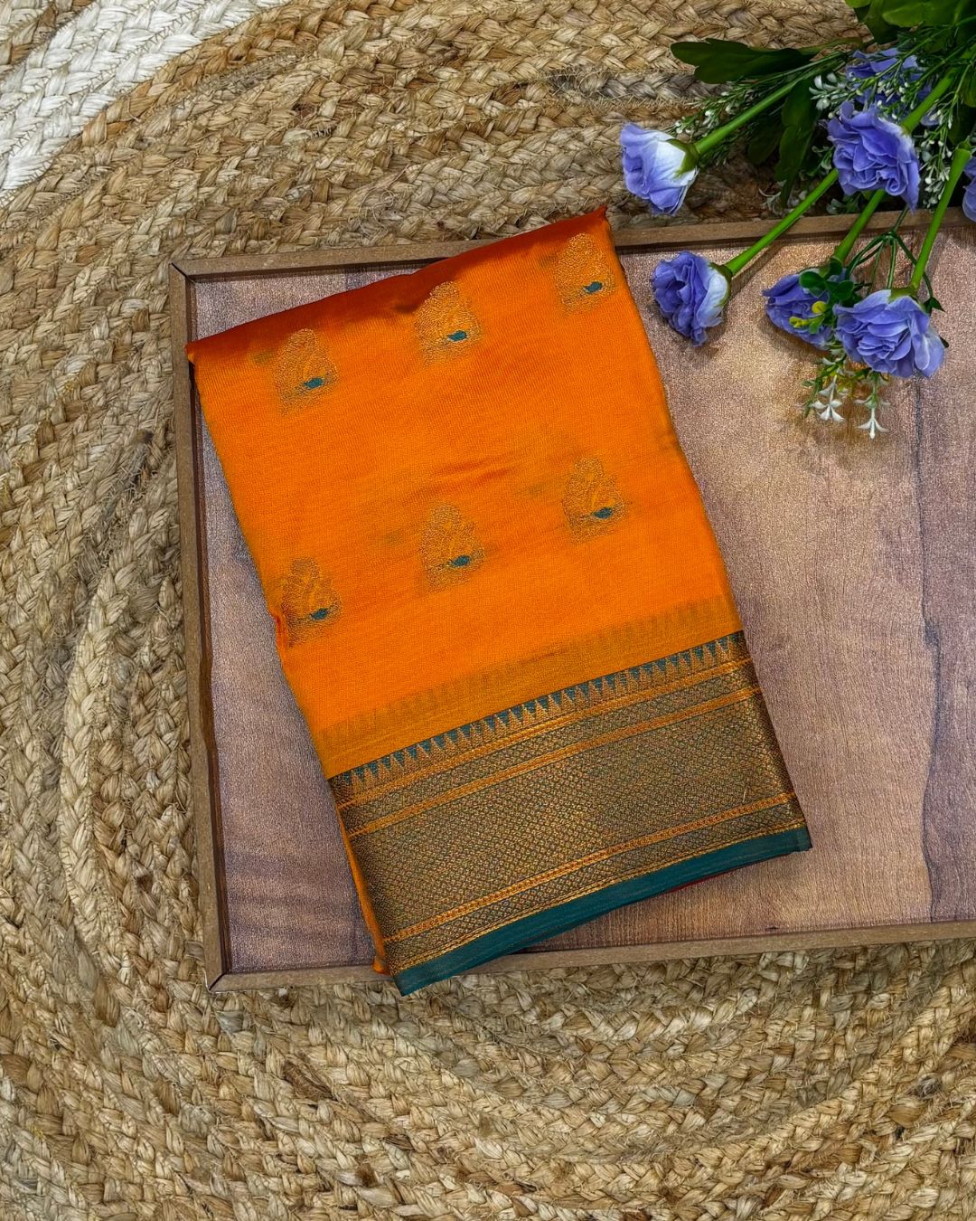 Mango yellow Colour Semi Silk Temple Border Zari Saree