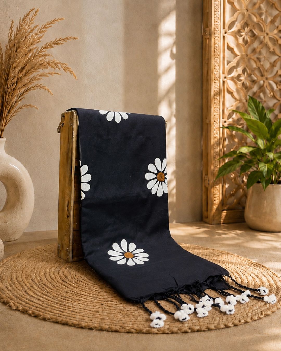 Black Colour Cotton Floral Printed Saree