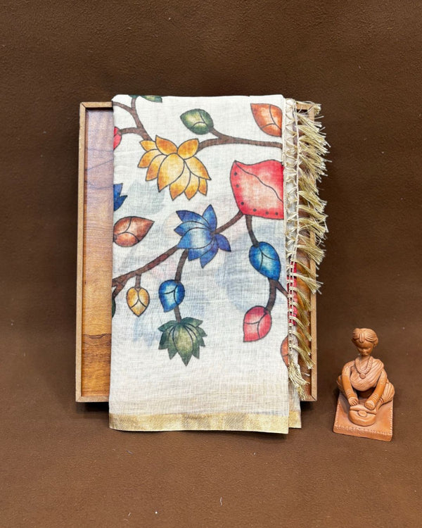 Cream Colour Lotus Flower Print  Linen Cotton Printed Saree