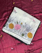 Cream Beige Colour Floral Embroidered Style Designer Saree