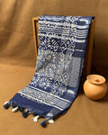 Navy Blue Green Colour Cotton Batik Printed Saree