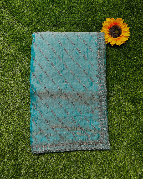 Firozi Colour Fandy Satin Silk Saree with Bead Work