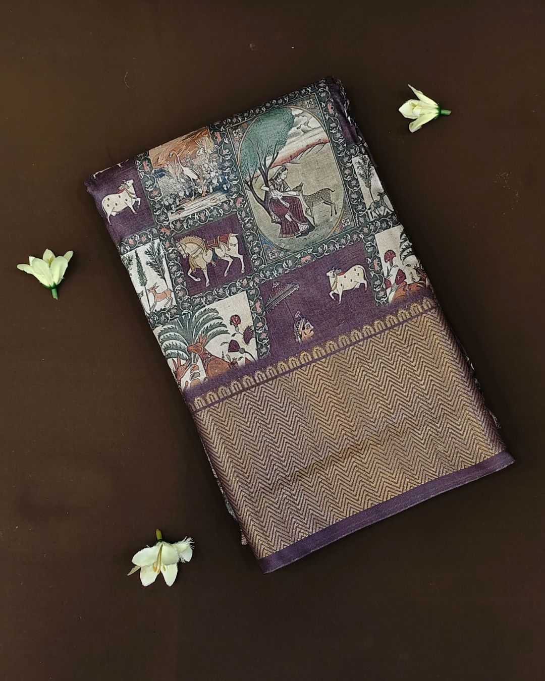 Dusty Wine Colour Tussar Silk Printed Saree