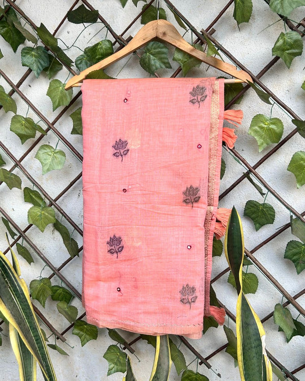 Peach Colour Muga Cotton Saree with Contrast Blouse