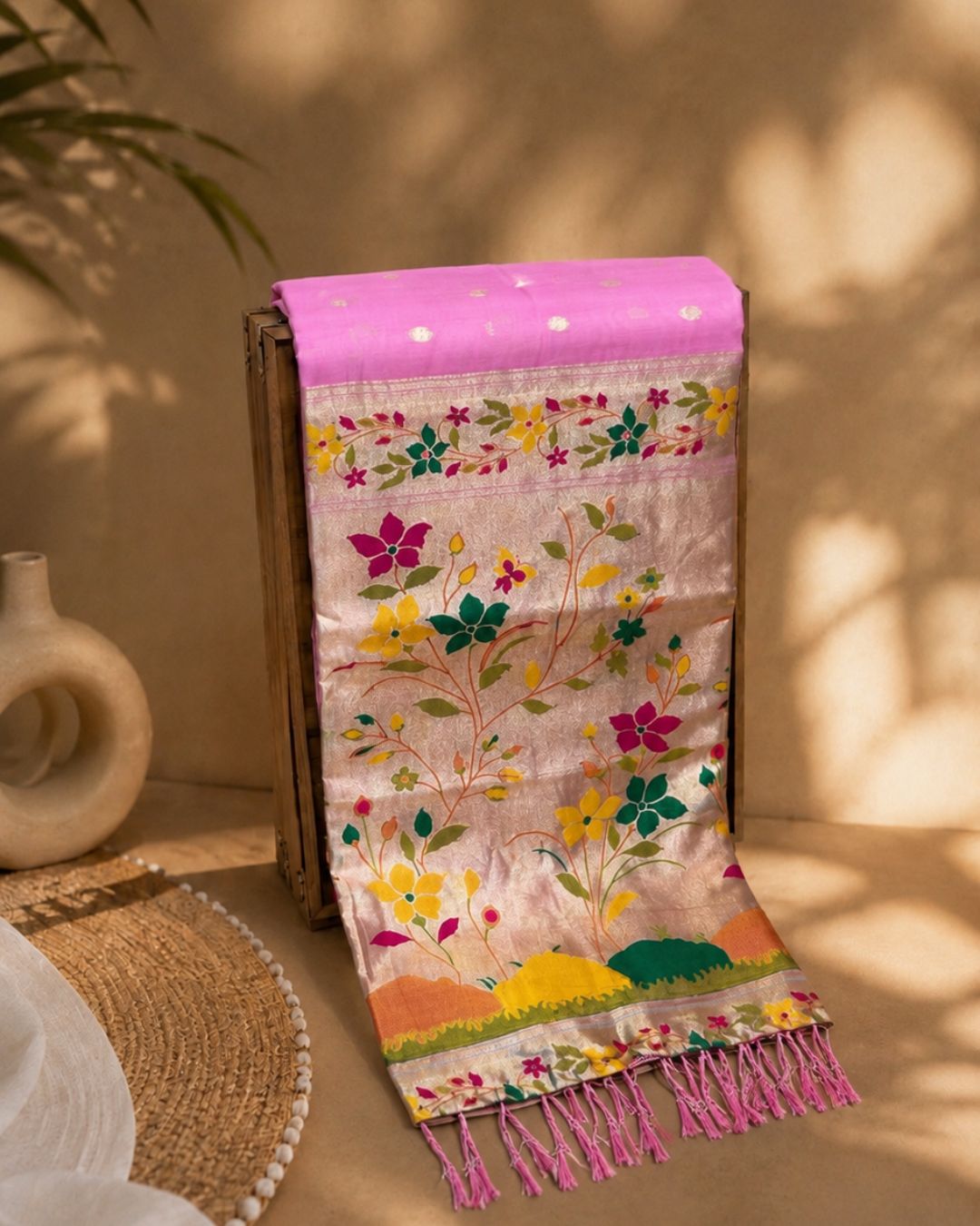 Pink Colour Cotton Meenakari Work Saree