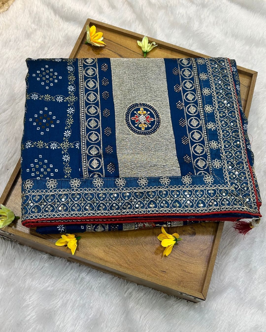 Petrol Blue Colour Crunchy Silk Work Saree
