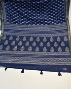 Blue Colour Mal Cotton Indigo Printed Saree with Contrast Border