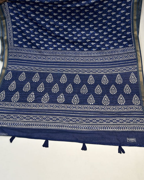 Blue Colour Mal Cotton Indigo Printed Saree with Contrast Border