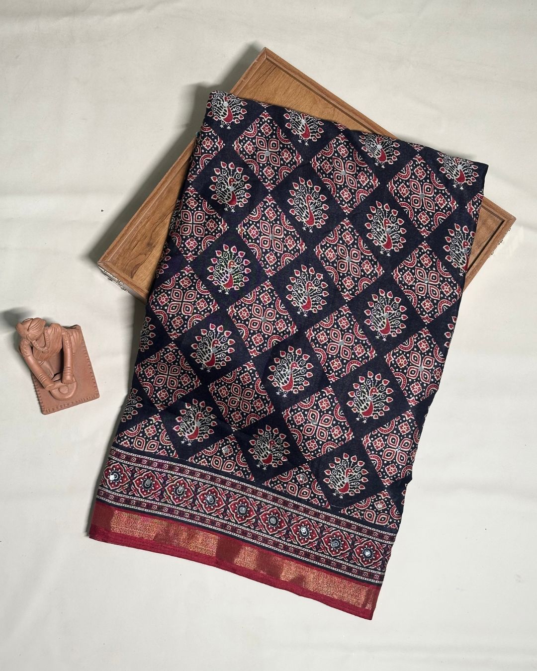 Navy Blue Colour Ajrakh Print Mirror work Saree