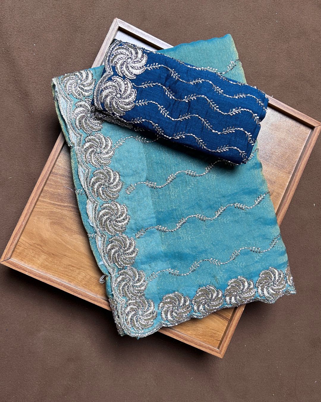 Sea Blue Colour Shimmer Georgette Saree with Bead Work