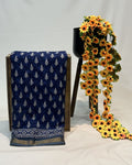 Blue Colour Mal Cotton Indigo Printed Saree with Contrast Border