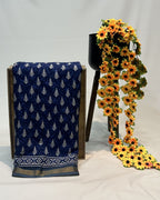 Blue Colour Mal Cotton Indigo Printed Saree with Contrast Border