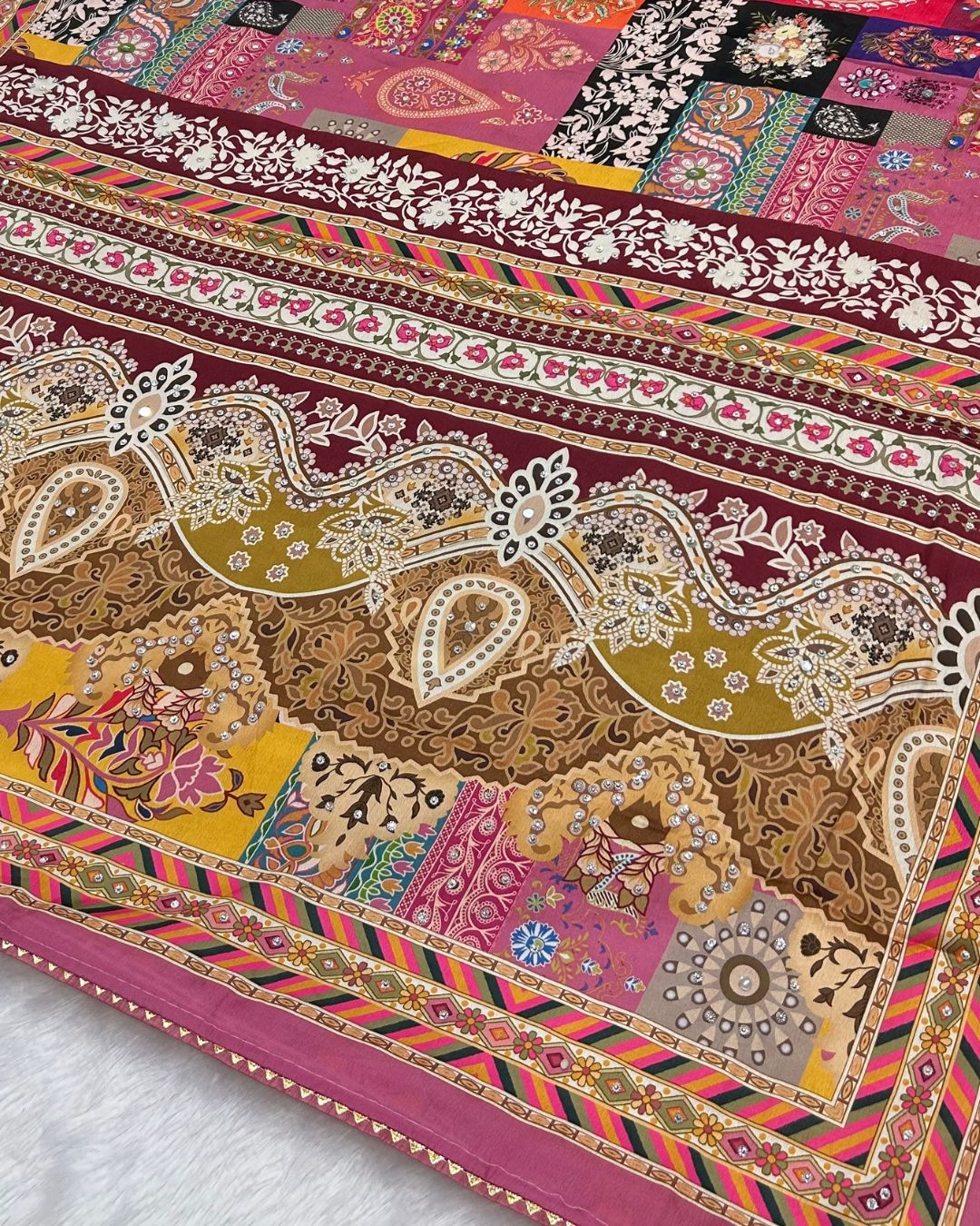 Onion Pink Colour Digital Patchwork Printed Saree